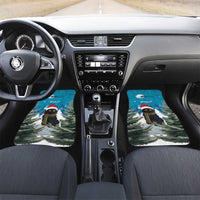 Blue Christmas cat car floor mats, front seat pair with snowy landscape and moon