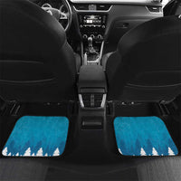 Blue Christmas cat car floor mats, rear seat view with two mats and pine forest scene