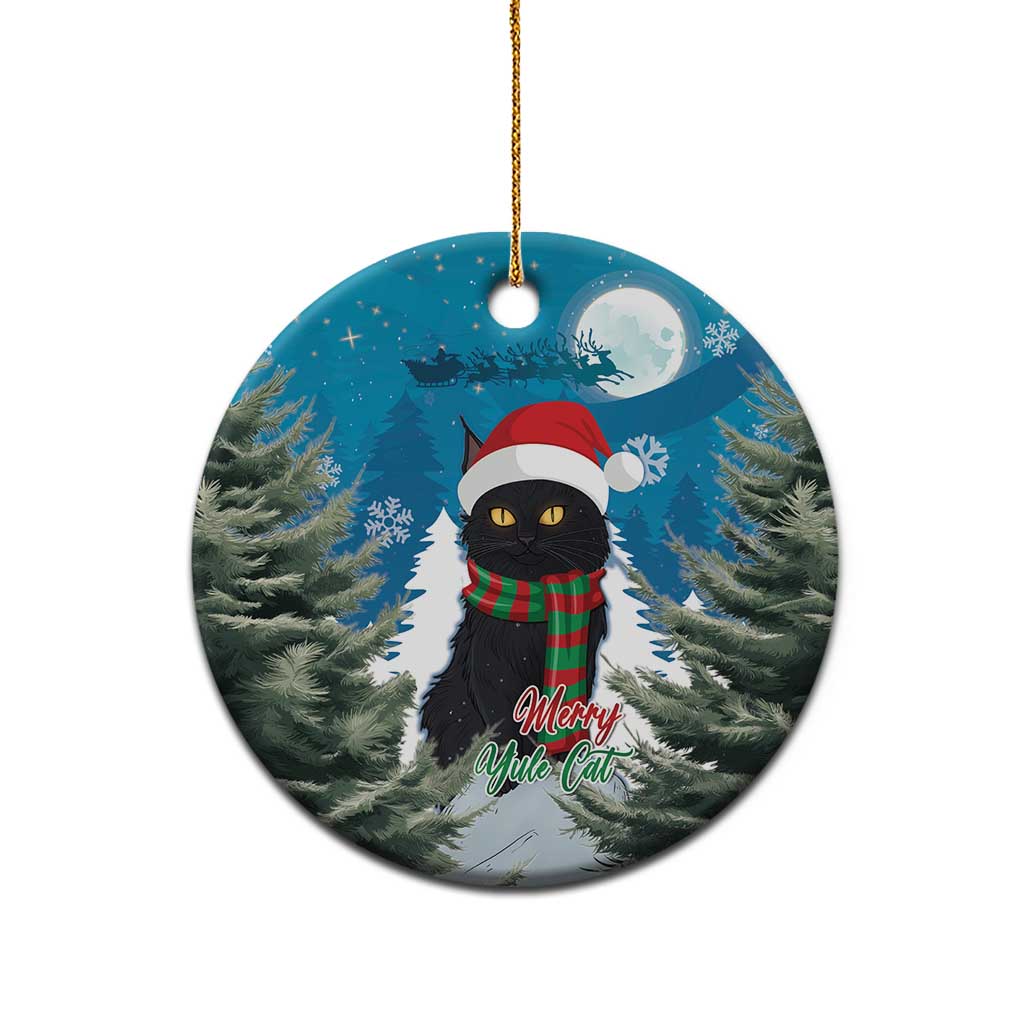 Blue round ceramic ornament featuring a black cat wearing a Santa hat and red plaid scarf