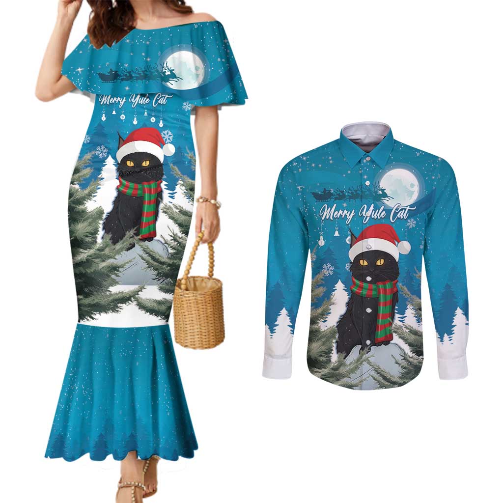 Iceland Christmas Couples Matching Mermaid Dress and Long Sleeve Button Shirt Merry Yule Cat