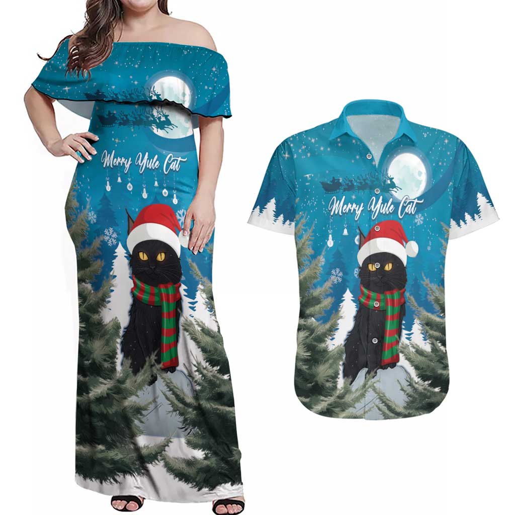 Iceland Christmas Couples Matching Off Shoulder Maxi Dress and Hawaiian Shirt Merry Yule Cat - Wonder Print Shop