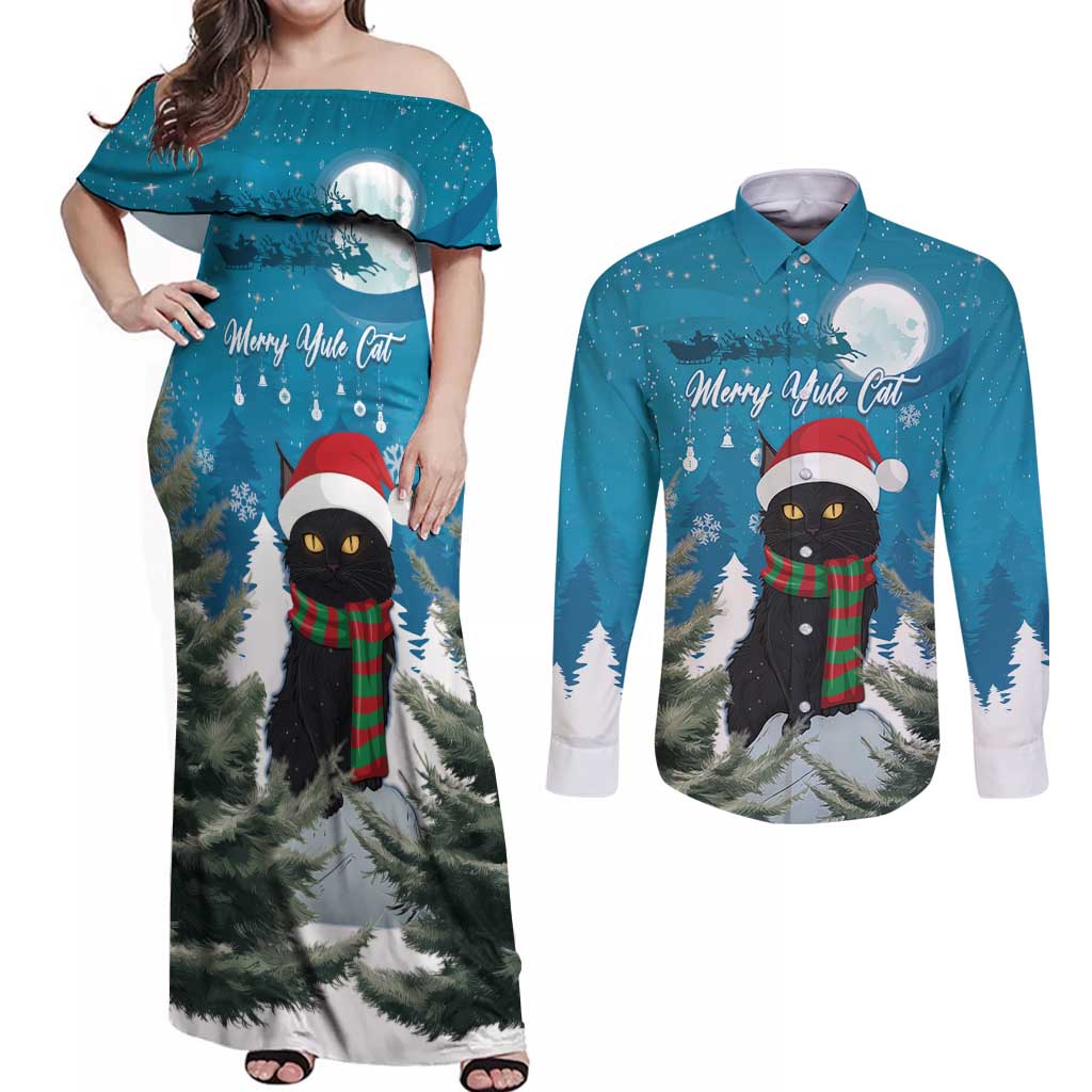 Iceland Christmas Couples Matching Off Shoulder Maxi Dress and Long Sleeve Button Shirt Merry Yule Cat - Wonder Print Shop