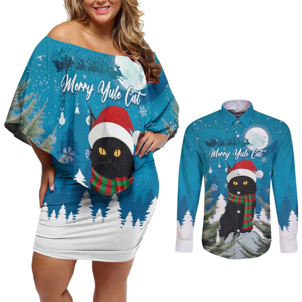 Iceland Christmas Couples Matching Off Shoulder Short Dress and Long Sleeve Button Shirt Merry Yule Cat - Wonder Print Shop