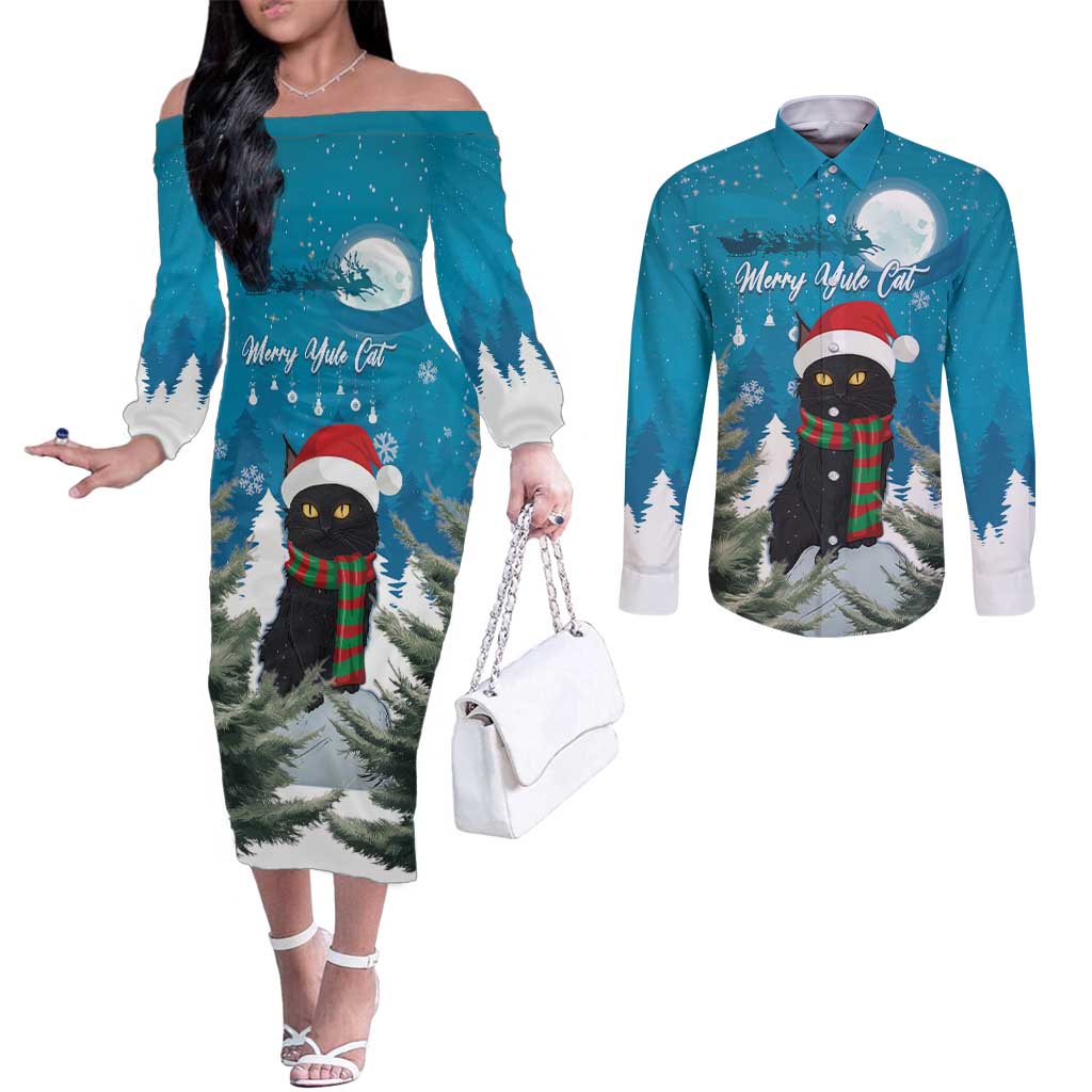 Iceland Christmas Couples Matching Off The Shoulder Long Sleeve Dress and Long Sleeve Button Shirt Merry Yule Cat