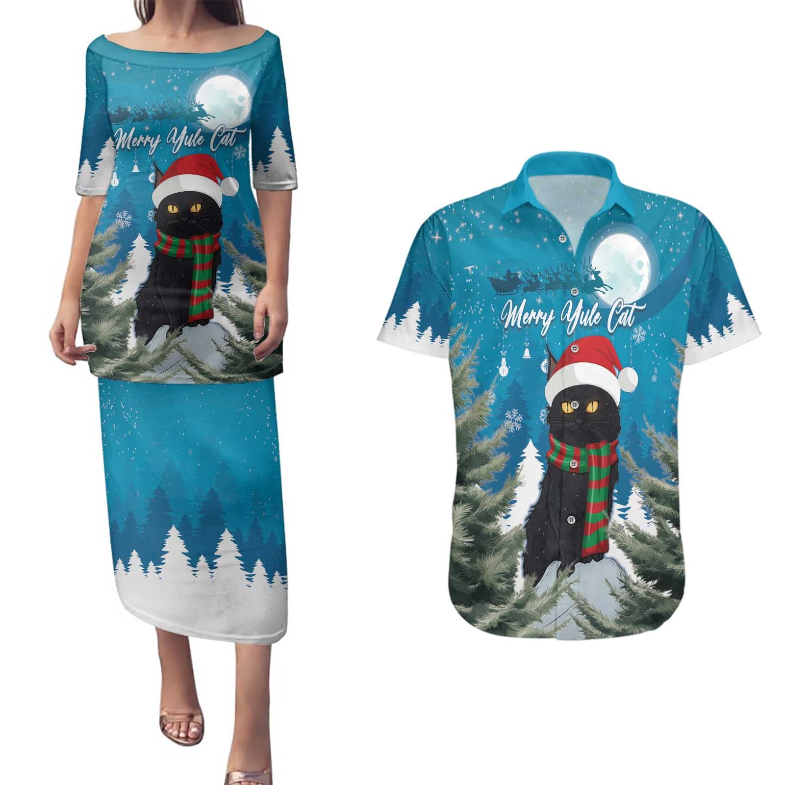 Iceland Christmas Couples Matching Puletasi and Hawaiian Shirt Merry Yule Cat - Wonder Print Shop