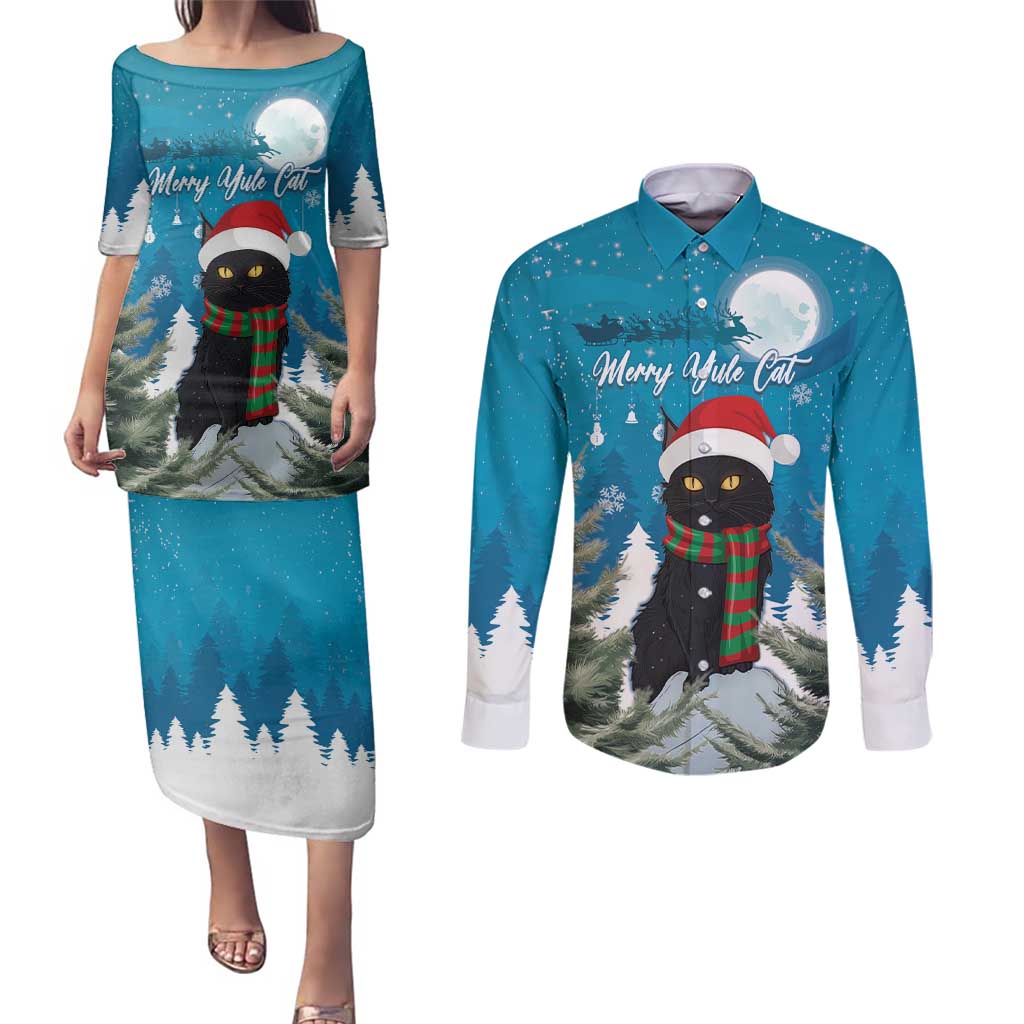 Iceland Christmas Couples Matching Puletasi and Long Sleeve Button Shirt Merry Yule Cat - Wonder Print Shop