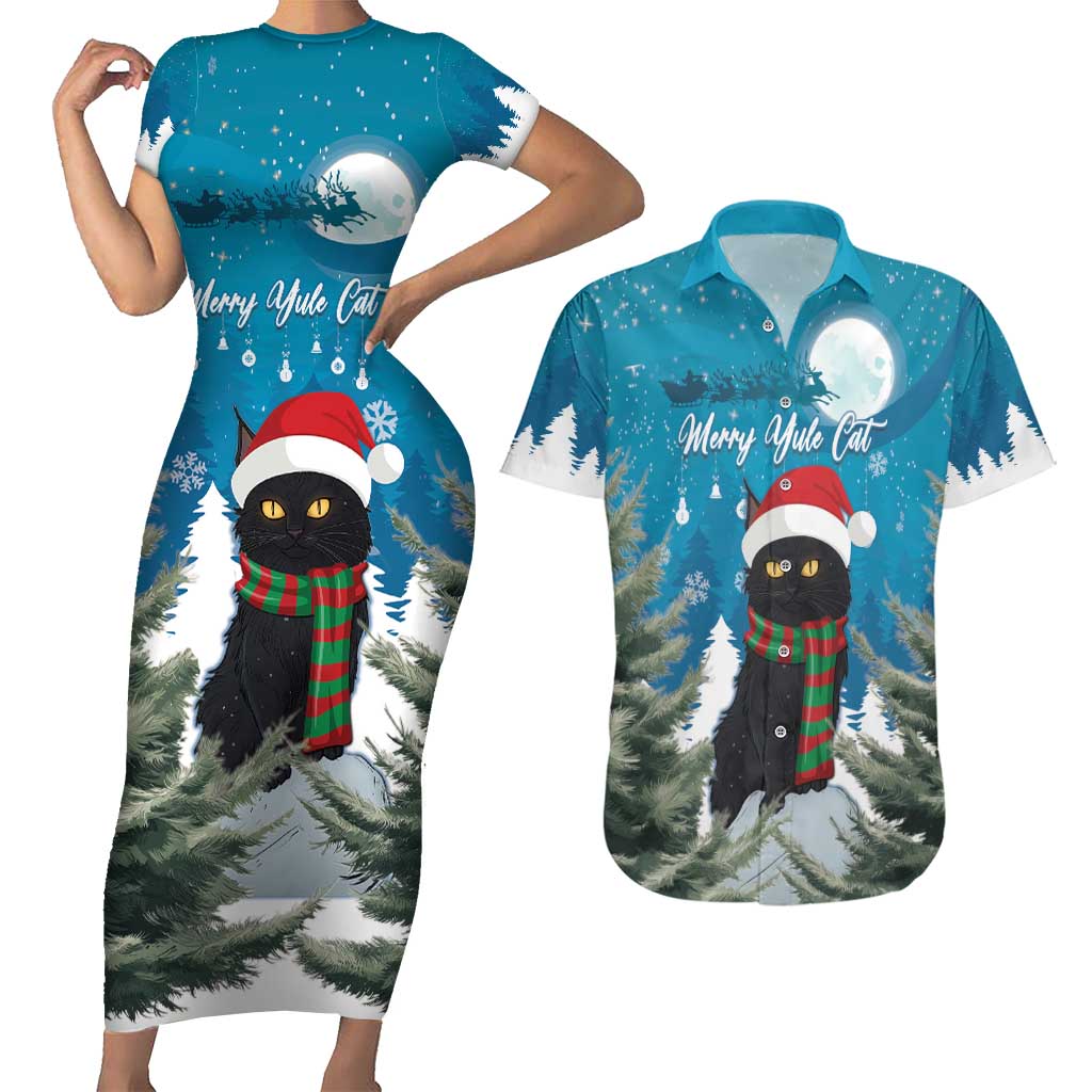 Iceland Christmas Couples Matching Short Sleeve Bodycon Dress and Hawaiian Shirt Merry Yule Cat - Wonder Print Shop