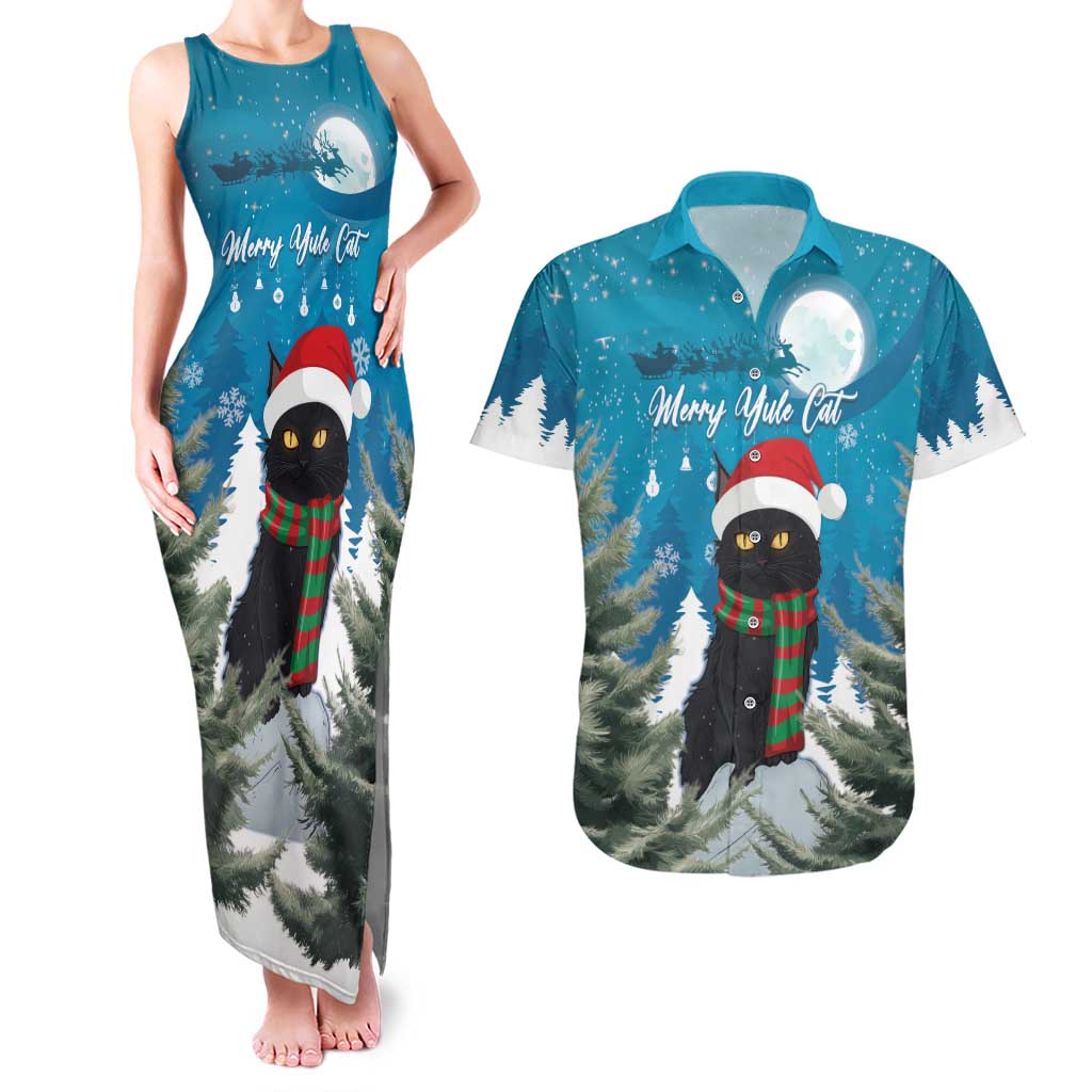 Iceland Christmas Couples Matching Tank Maxi Dress and Hawaiian Shirt Merry Yule Cat - Wonder Print Shop