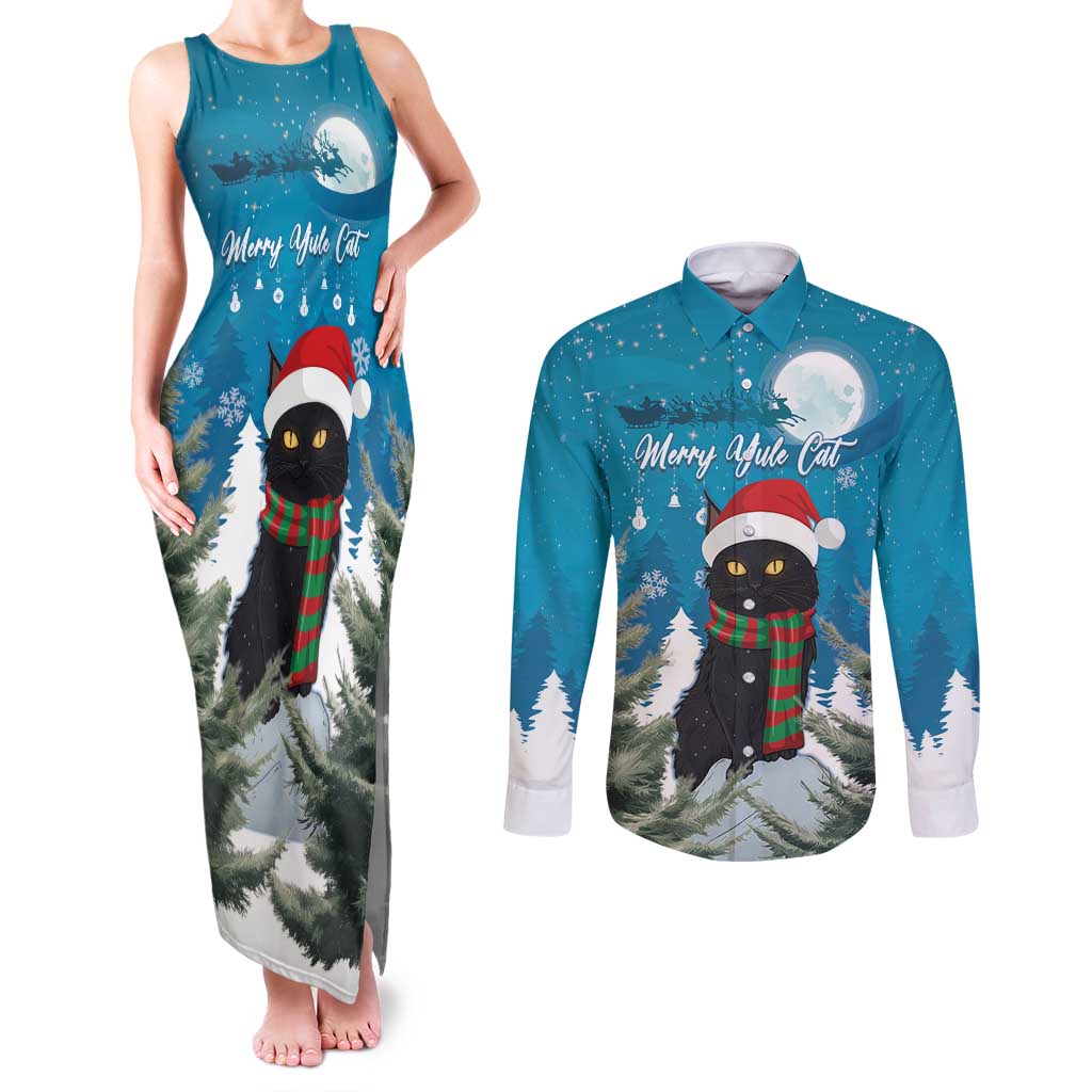 Iceland Christmas Couples Matching Tank Maxi Dress and Long Sleeve Button Shirt Merry Yule Cat - Wonder Print Shop