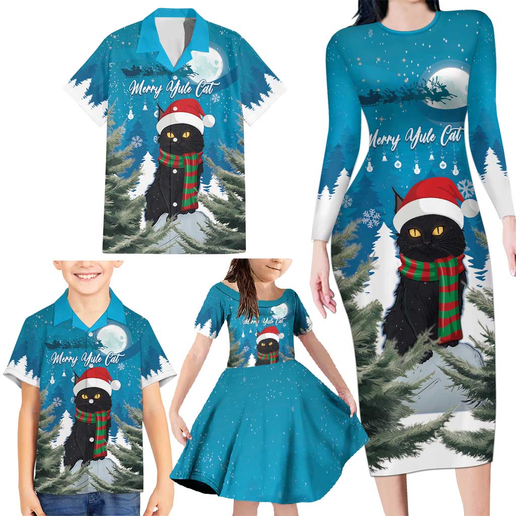 Iceland Christmas Family Matching Long Sleeve Bodycon Dress and Hawaiian Shirt Merry Yule Cat - Wonder Print Shop