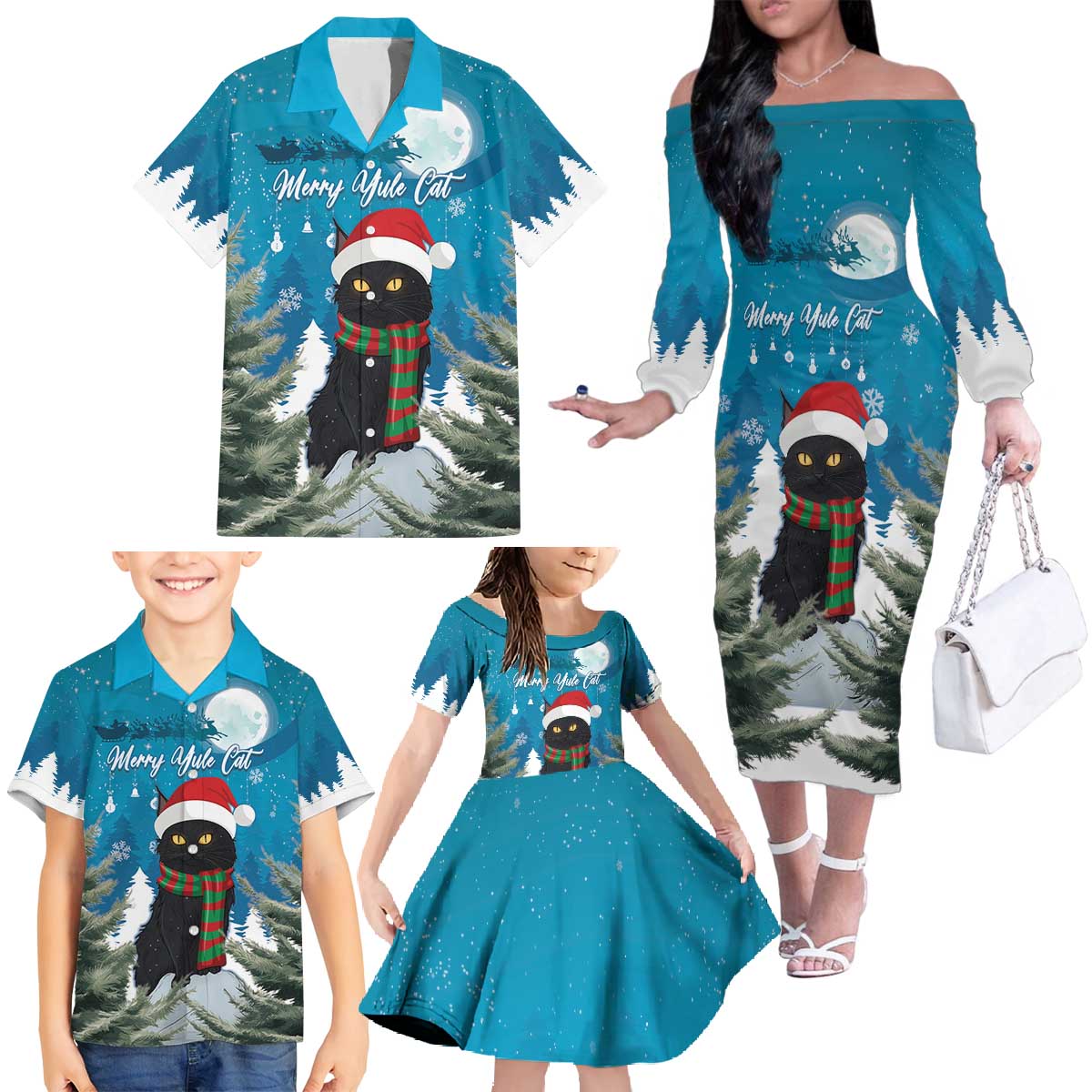 Iceland Christmas Family Matching Off The Shoulder Long Sleeve Dress and Hawaiian Shirt Merry Yule Cat - Wonder Print Shop