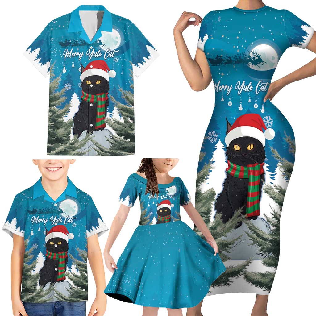 Iceland Christmas Family Matching Short Sleeve Bodycon Dress and Hawaiian Shirt Merry Yule Cat - Wonder Print Shop