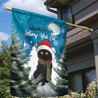 Blue outdoor garden flag featuring a black cat in a Santa hat in a snowy forest scene