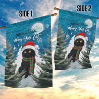Two-sided blue Christmas garden flag showing cat with Santa hat on both sides