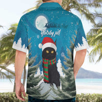 Blue Hawaiian shirt with Santa cat, moon, and pine tree print on back