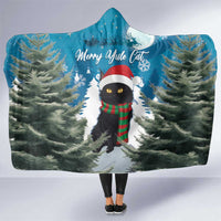 Blue hooded Christmas blanket with cat in Santa hat and pine trees, front view