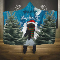 Blue hooded Christmas blanket featuring cat in Santa hat and snowy path design