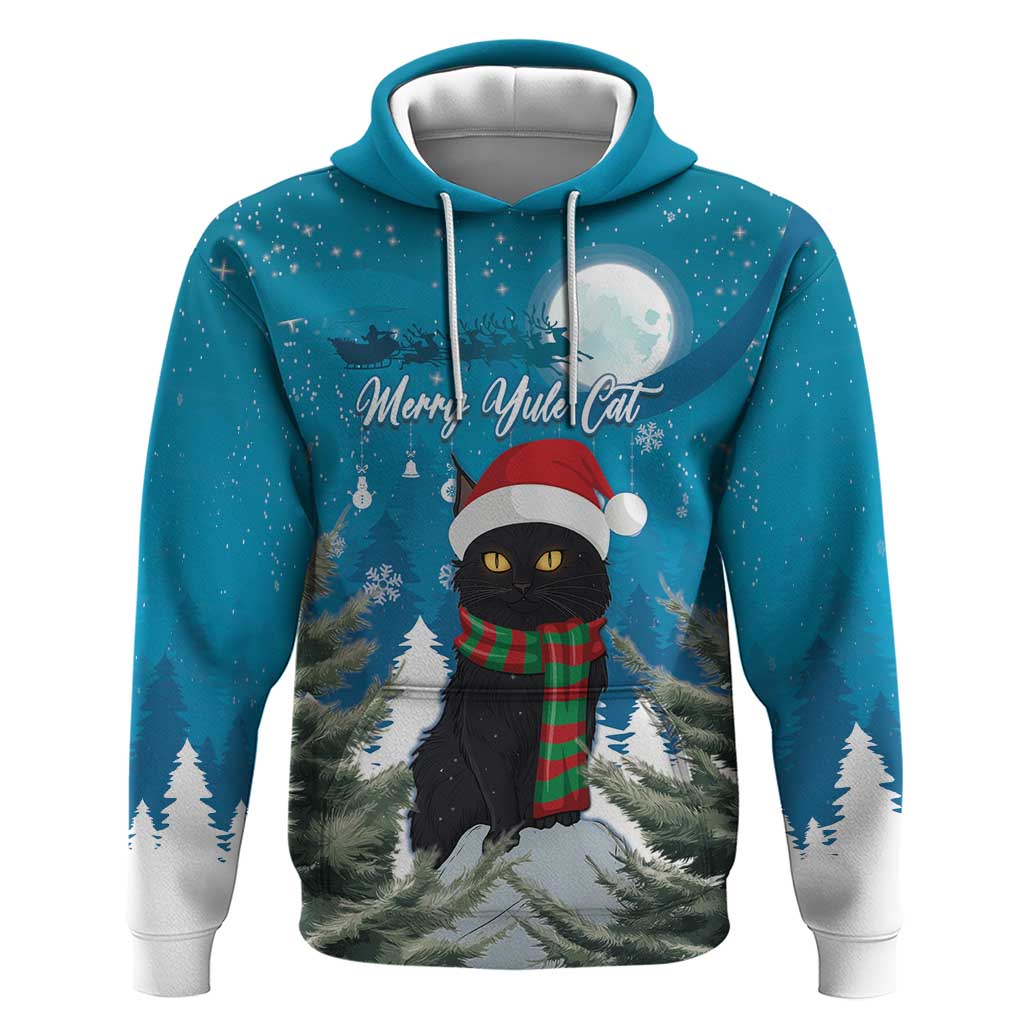 Blue pullover hoodie with cat in Santa hat and scarf, snowy pine scene print
