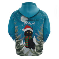 Blue pullover hoodie with back print of black cat in Santa hat under moon