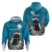 Pair of blue pullover hoodies showing front and back cat Santa scarf design
