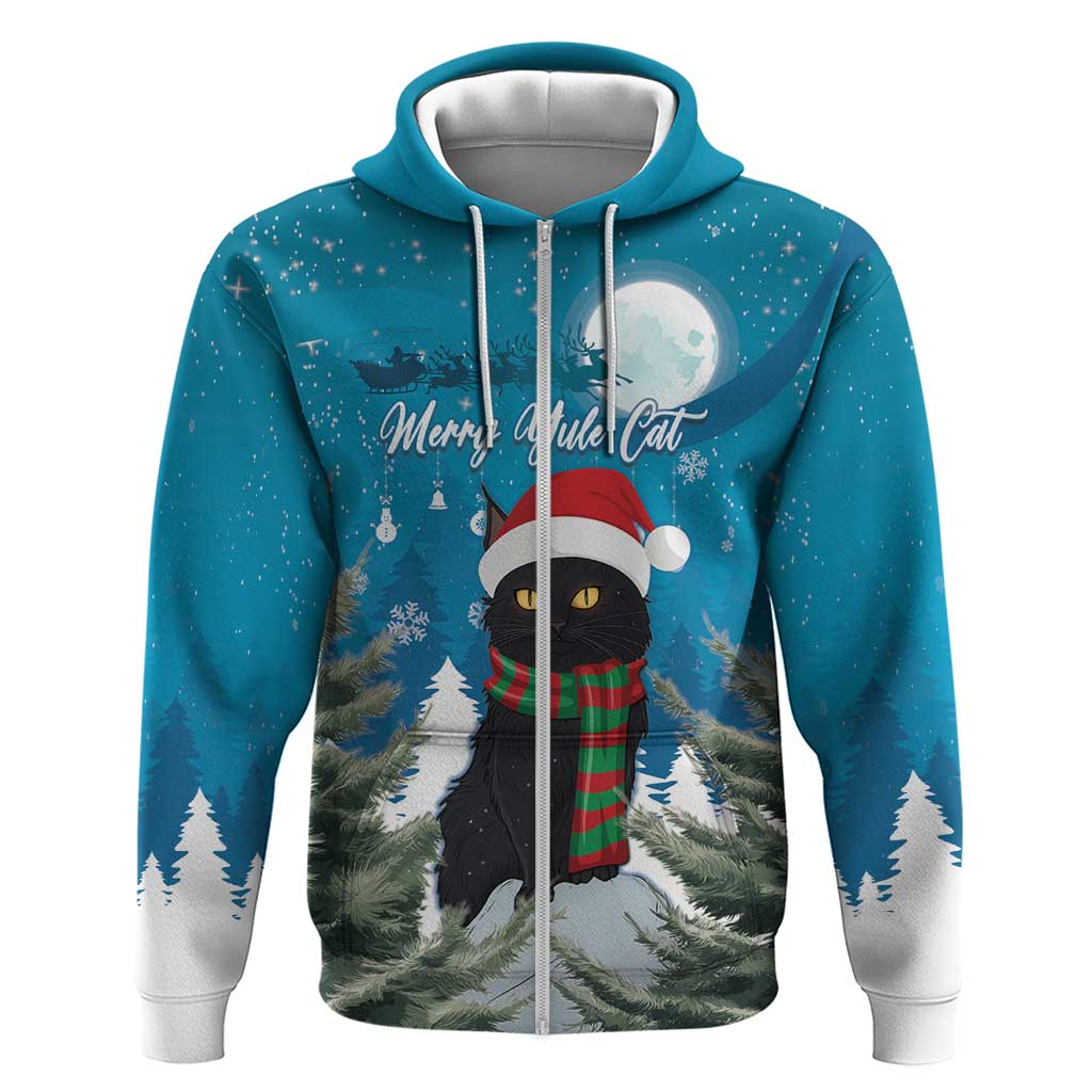 Blue pullover hoodie front view with cat wearing Santa hat and striped scarf print