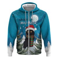 Blue pullover hoodie front view with cat wearing Santa hat and striped scarf print
