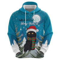 Blue pullover hoodie with cat face in Santa hat, snowy forest and moon print