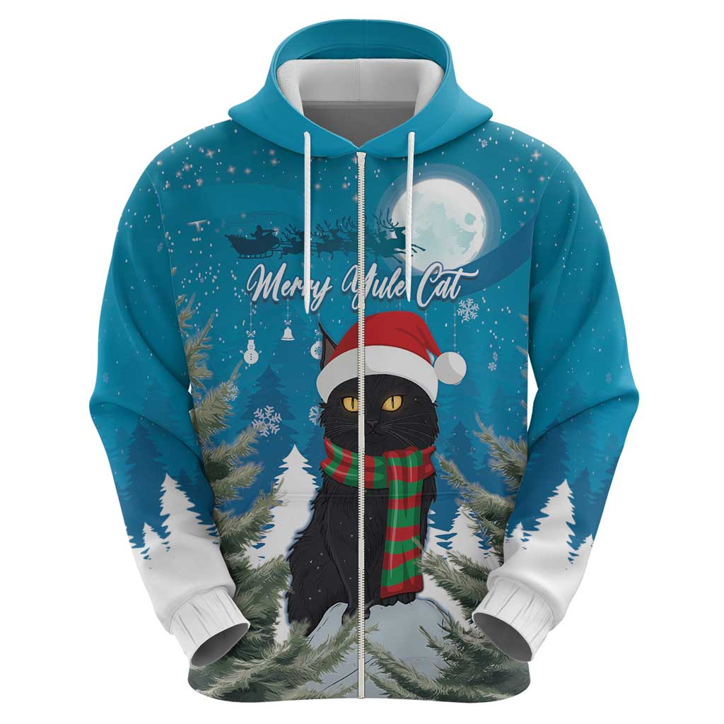 Blue pullover hoodie with centered cat in Santa hat and striped scarf, moonlit trees