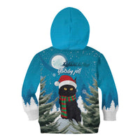 Blue kids pullover hoodie with back graphic of black cat and "Greetings" holiday text