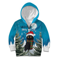 Blue kids pullover hoodie with front cat winter scene and "Merry Yule Cat"