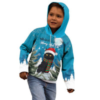Blue kids hoodie with hood up; front cat in snowy landscape and holiday lettering