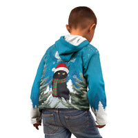 Blue kids hoodie, back view, with cat in snowy forest graphic and holiday text