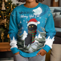 Kids' blue Christmas sweater with cat graphic, snow trees, and ribbed cuffs and hem