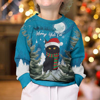 Kids' blue Christmas sweater with 'Merry Yule Cat' text and cat wearing a Santa hat