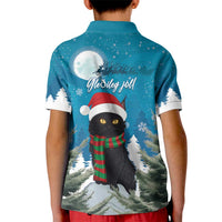 Kids blue polo shirt, back view with holiday cat under moon and trees graphic