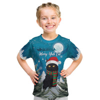 Kids teal tee with Christmas cat in hat and scarf, 'Merry Yule Cat' print