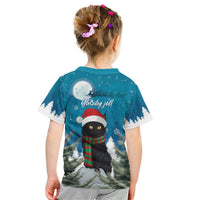 Kids teal tee with back print of Christmas cat wearing hat and striped scarf