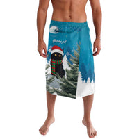 Men's blue Christmas cat lavalava with Santa hat and snowy tree print