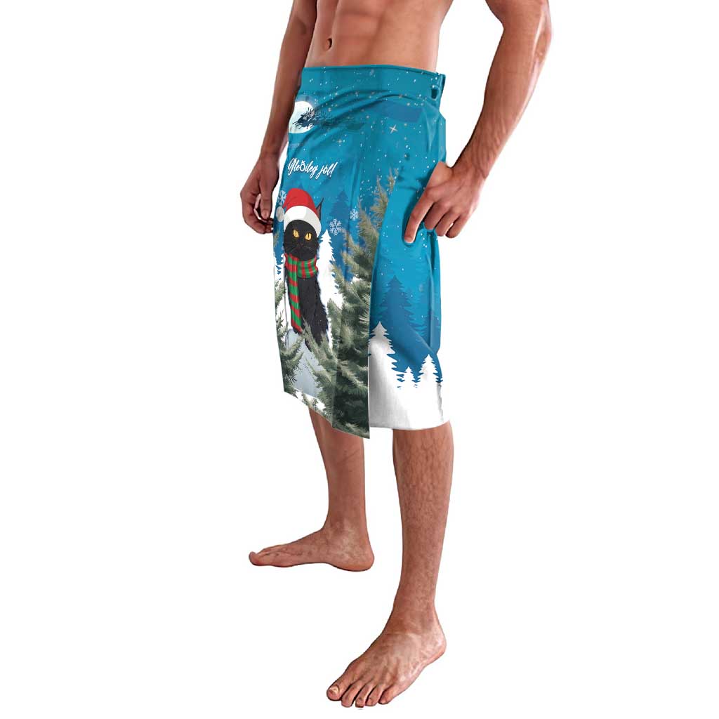 Men's blue Christmas cat lavalava, side view, Santa hat cat in snowy forest