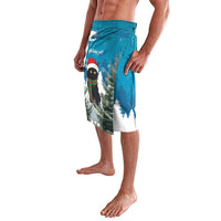 Men's blue Christmas cat lavalava, side view, Santa hat cat in snowy forest