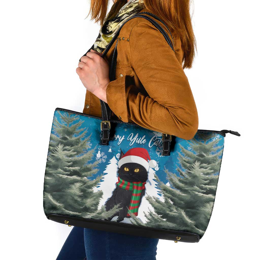 Iceland Christmas Leather Tote Bag Merry Yule Cat - Wonder Print Shop