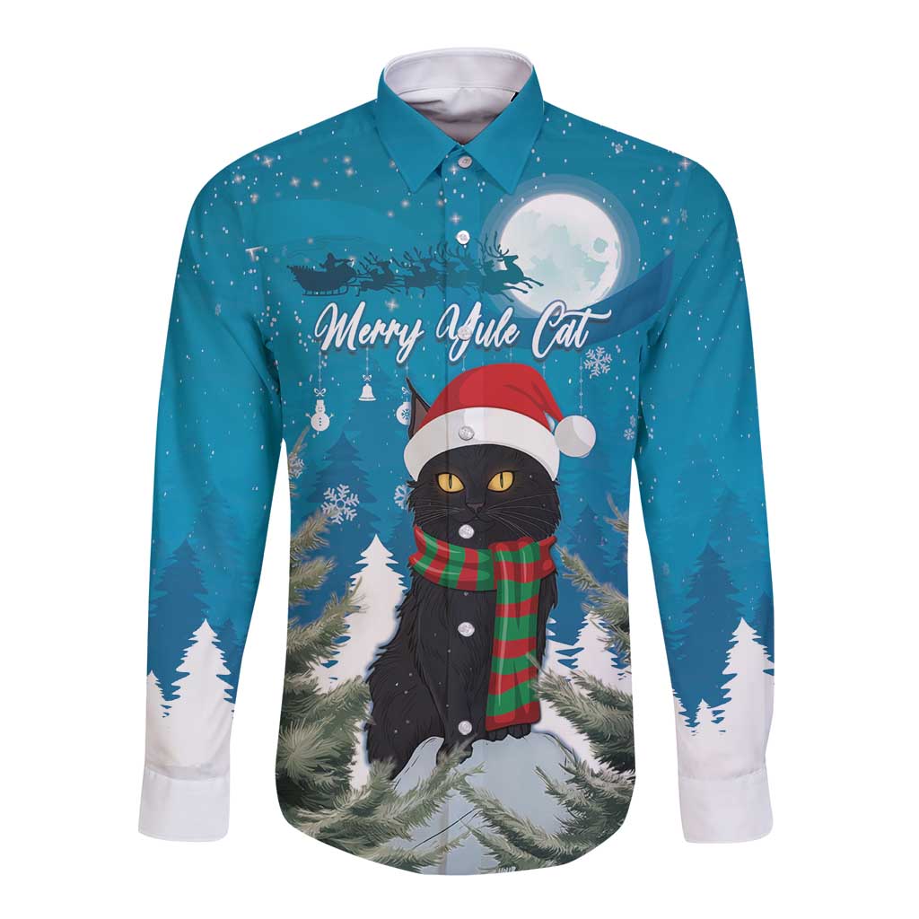 Blue long sleeve button shirt with cat in Santa hat and plaid scarf graphic, front print