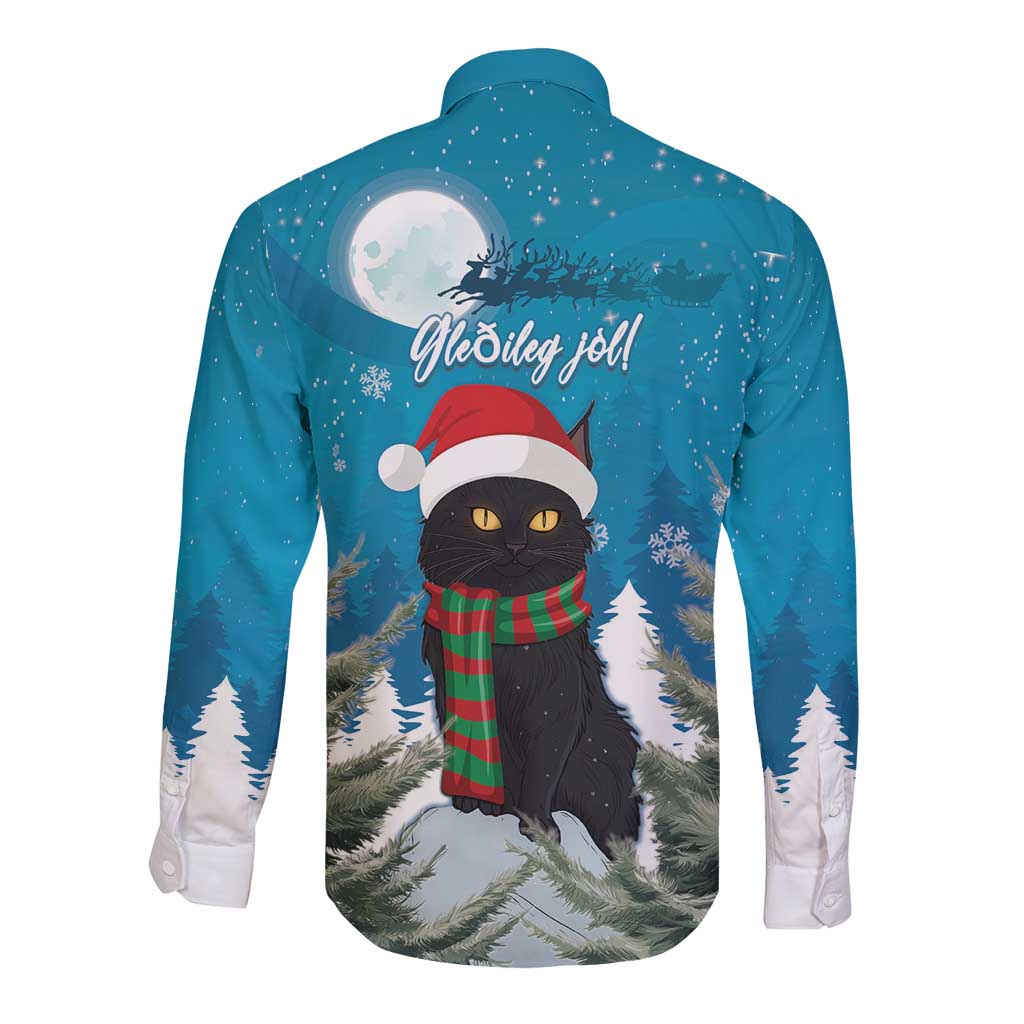 Blue long sleeve button shirt with cat in Santa hat and plaid scarf, back print with moon