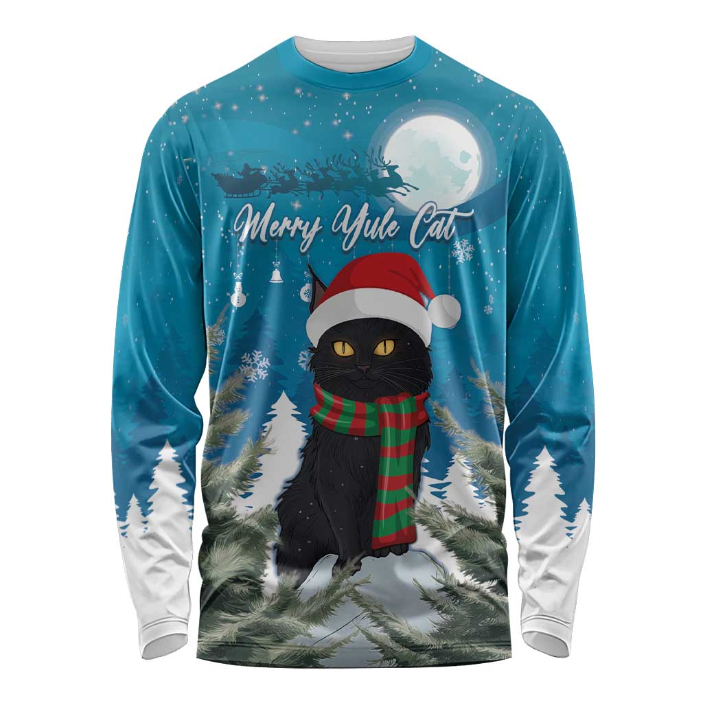 Blue long-sleeve Christmas shirt with cat in Santa hat and plaid scarf, front graphic