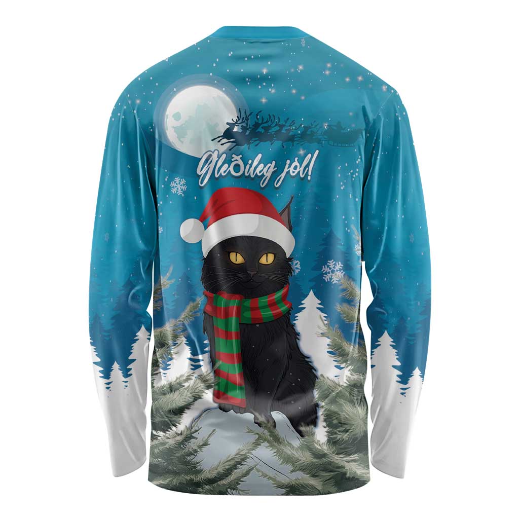 Blue long-sleeve Christmas shirt with black cat in Santa hat, plaid scarf, back print