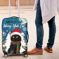 Blue luggage cover with black cat in Santa hat, striped scarf, four spinner wheels