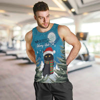 Men's blue Christmas tank top with cat graphic, striped scarf and Merry Yule Cat text