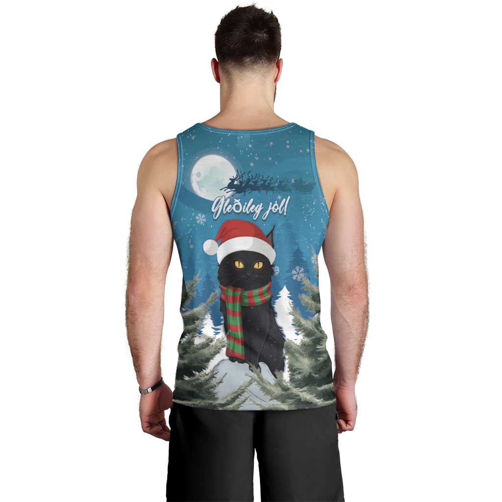 Men's blue Christmas tank top back with cat and pine forest graphic, 'Yletide joy' text