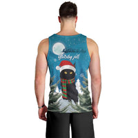 Men's blue Christmas tank top back with cat and pine forest graphic, 'Yletide joy' text