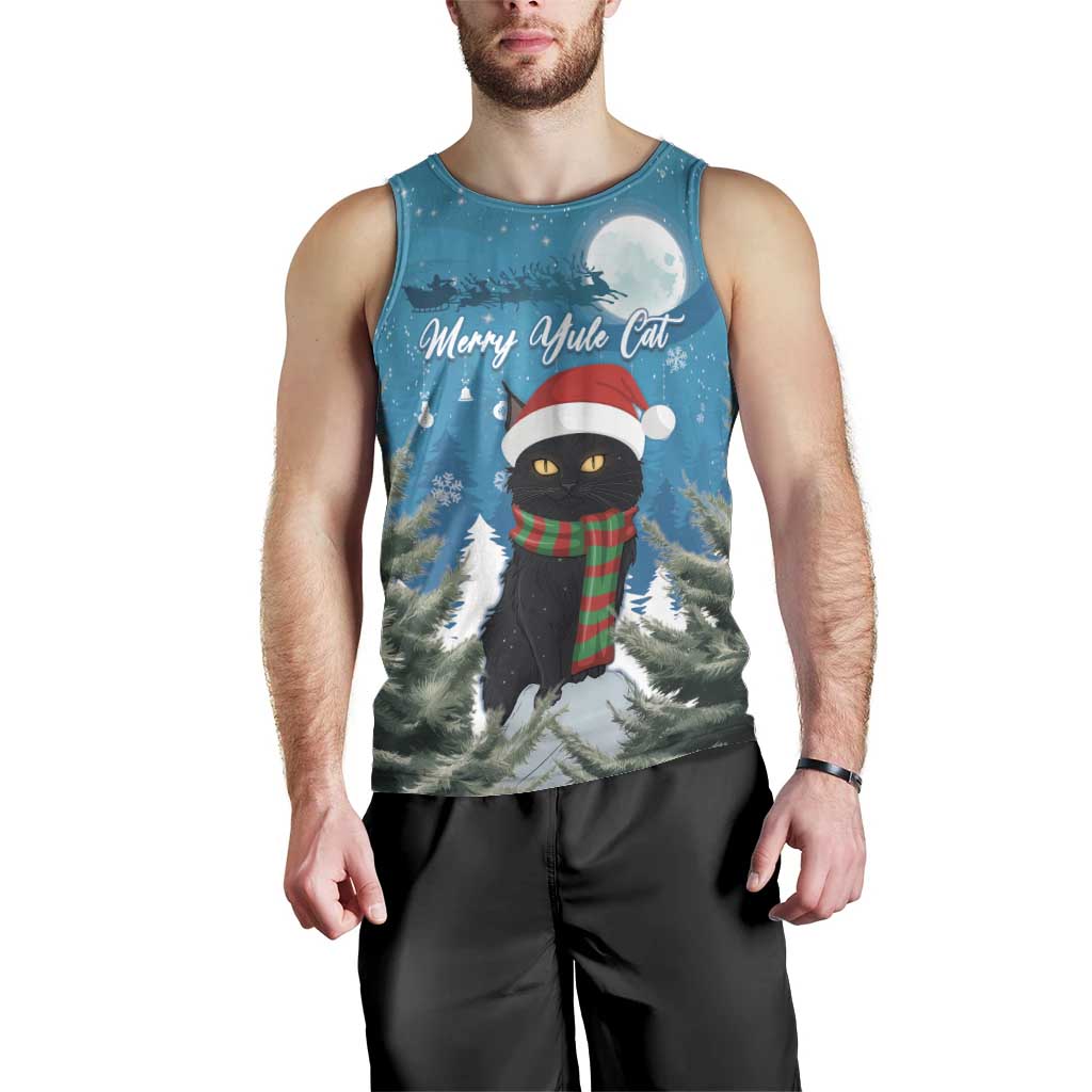 Men's blue Christmas tank top with cat in Santa hat and striped scarf, 'Merry Yule Cat' print